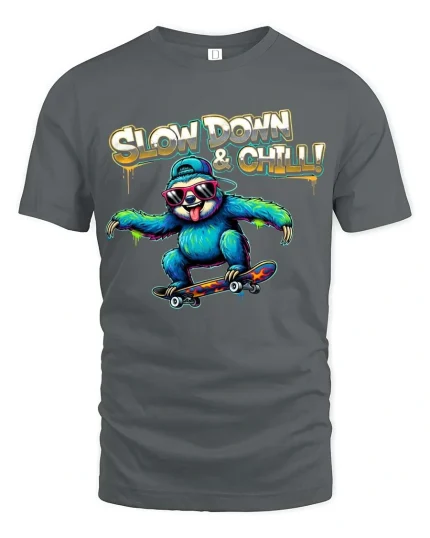 Slow Down and Chill Sloth Skateboard Funny Graphic T Shirt - gray t-shirt on white background