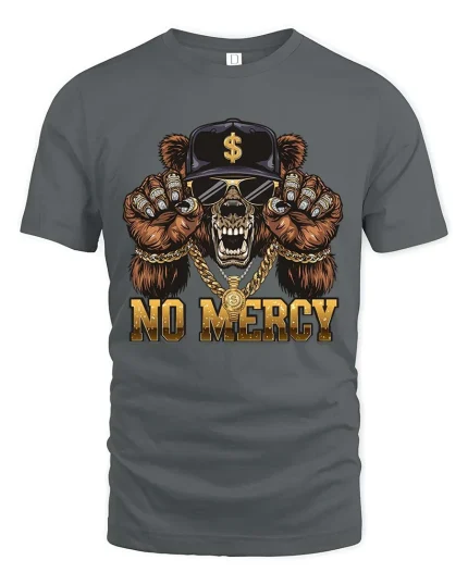 No Mercy Bear Skull Gangster Graphic T Shirt Street Style - gray t-shirt on white background