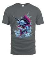 Colorful Marlin Fish Splash Ocean Graphic T Shirt Bold Design - gray t-shirt on white background