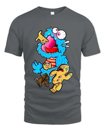 Crazy Blue Monster Cookie Candy Funny Graphic T Shirt Cartoon - gray t-shirt on white background