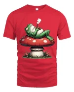 Chill Frog Smoking on Mushroom Funny Graphic T Shirt Vibes - red t-shirt on white background