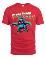 Slow Down and Chill Sloth Skateboard Funny Graphic T Shirt - red t-shirt on white background