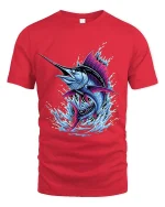 Colorful Marlin Fish Splash Ocean Graphic T Shirt Bold Design - red t-shirt on white background