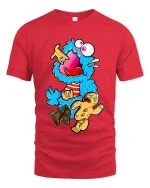 Crazy Blue Monster Cookie Candy Funny Graphic T Shirt Cartoon - red t-shirt on white background