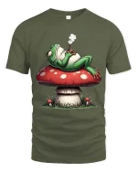 Chill Frog Smoking on Mushroom Funny Graphic T Shirt Vibes - military green t-shirt on white background