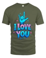 I Love You Sign Language Hand Graphic T Shirt Cute Design - military green t-shirt on white background
