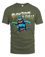 Slow Down and Chill Sloth Skateboard Funny Graphic T Shirt - military green t-shirt on white background