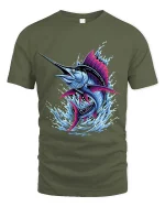 Colorful Marlin Fish Splash Ocean Graphic T Shirt Bold Design - military green t-shirt on white background