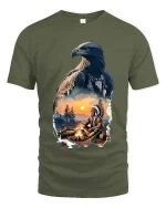 Majestic Eagle Spirit Native Campfire Scenic Graphic T Shirt - military green t-shirt on white background