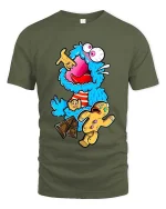 Crazy Blue Monster Cookie Candy Funny Graphic T Shirt Cartoon - military green t-shirt on white background