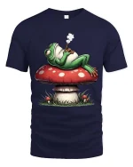 Chill Frog Smoking on Mushroom Funny Graphic T Shirt Vibes - navy t-shirt on white background