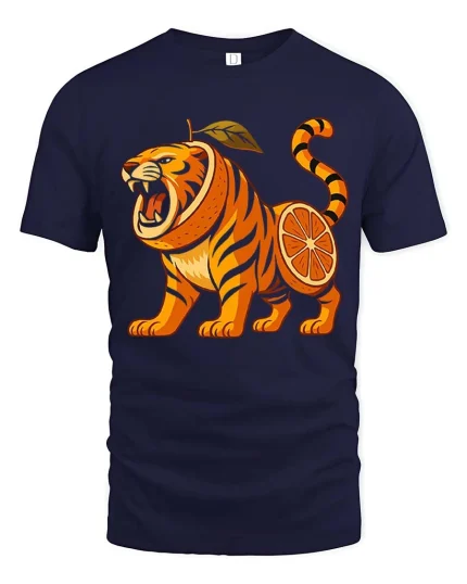 Fierce Orange Tiger Fruit Funny Graphic T Shirt Bold Design - navy t-shirt on white background