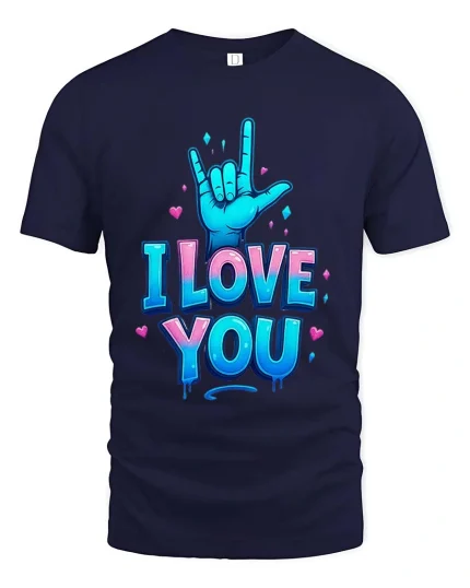 I Love You Sign Language Hand Graphic T Shirt Cute Design - navy t-shirt on white background
