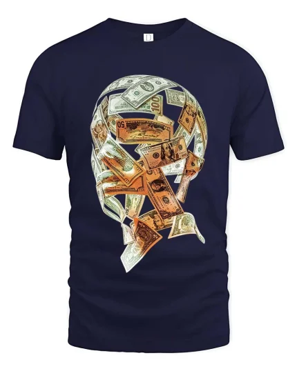 Money Skull Cash Graphic T Shirt Wealth Mindset Street Style - navy t-shirt on white background