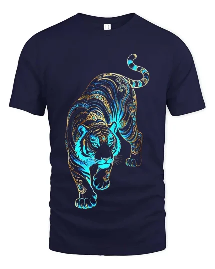 Ornate Tiger Blue Gold Pattern Graphic T Shirt Bold Style - navy t-shirt on white background