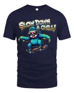 Slow Down and Chill Sloth Skateboard Funny Graphic T Shirt - navy t-shirt on white background