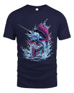Colorful Marlin Fish Splash Ocean Graphic T Shirt Bold Design - navy t-shirt on white background