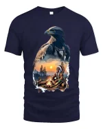 Majestic Eagle Spirit Native Campfire Scenic Graphic T Shirt - navy t-shirt on white background