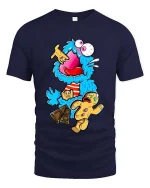 Crazy Blue Monster Cookie Candy Funny Graphic T Shirt Cartoon - navy t-shirt on white background