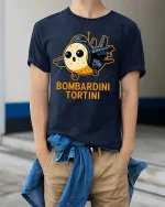 Bombardini Tortini Funny Plane Cartoon Graphic T Shirt Cool - model wearing navy tee with hands in pockets
