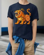 Fierce Orange Tiger Fruit Funny Graphic T Shirt Bold Design - model wearing navy tee with hands in pockets
