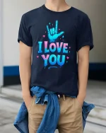 I Love You Sign Language Hand Graphic T Shirt Cute Design - model wearing navy tee with hands in pockets