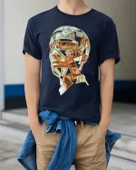 Money Skull Cash Graphic T Shirt Wealth Mindset Street Style - model wearing navy tee with hands in pockets