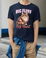 Big Fluff Big Heart Cute Cat Lover Graphic T Shirt Style - model wearing navy tee with hands in pockets