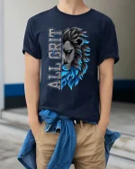 All Grit Lion Head Bold Graphic T Shirt Strength Street Style - model wearing navy tee with hands in pockets