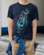 Ornate Tiger Blue Gold Pattern Graphic T Shirt Bold Style - model wearing navy tee with hands in pockets
