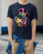 Graffiti Artist Spray Paint Mask Street Graphic T Shirt Style - model wearing navy tee with hands in pockets