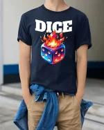 Dice on Fire Gambling Graphic T Shirt Lucky Game Night Style - model wearing navy tee with hands in pockets