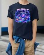 Respect The Naore Streetwear Sneaker Graphic T Shirt Style - model wearing navy tee with hands in pockets