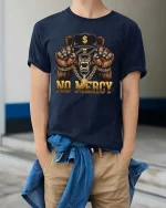 No Mercy Bear Skull Gangster Graphic T Shirt Street Style - model wearing navy tee with hands in pockets