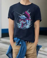 Colorful Marlin Fish Splash Ocean Graphic T Shirt Bold Design - model wearing navy tee with hands in pockets