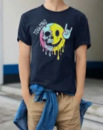 Melting Skull Smile Rock Hand Funny Graphic T Shirt Cool Art - model wearing navy tee with hands in pockets