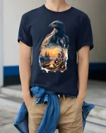 Majestic Eagle Spirit Native Campfire Scenic Graphic T Shirt - model wearing navy tee with hands in pockets