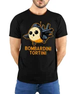 Bombardini Tortini Funny Plane Cartoon Graphic T Shirt Cool - model wearing black tee with hands behind back