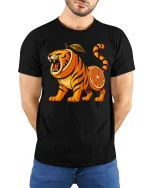 Fierce Orange Tiger Fruit Funny Graphic T Shirt Bold Design - model wearing black tee with hands behind back