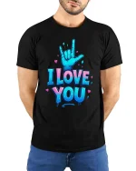I Love You Sign Language Hand Graphic T Shirt Cute Design - model wearing black tee with hands behind back