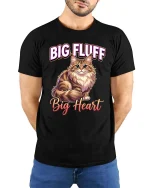 Big Fluff Big Heart Cute Cat Lover Graphic T Shirt Style - model wearing black tee with hands behind back