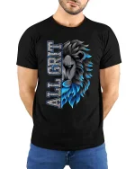 All Grit Lion Head Bold Graphic T Shirt Strength Street Style - model wearing black tee with hands behind back