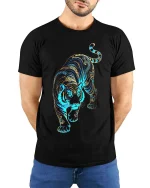 Ornate Tiger Blue Gold Pattern Graphic T Shirt Bold Style - model wearing black tee with hands behind back