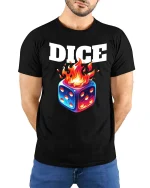 Dice on Fire Gambling Graphic T Shirt Lucky Game Night Style - model wearing black tee with hands behind back