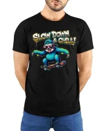 Slow Down and Chill Sloth Skateboard Funny Graphic T Shirt - model wearing black tee with hands behind back