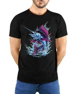 Colorful Marlin Fish Splash Ocean Graphic T Shirt Bold Design - model wearing black tee with hands behind back