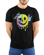 Melting Skull Smile Rock Hand Funny Graphic T Shirt Cool Art - model wearing black tee with hands behind back