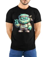 Chill Hippie Monster Peace Sign Funny Graphic T Shirt Vibes - model wearing black tee with hands behind back