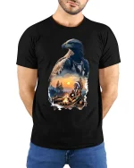 Majestic Eagle Spirit Native Campfire Scenic Graphic T Shirt - model wearing black tee with hands behind back