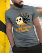 Bombardini Tortini Funny Plane Cartoon Graphic T Shirt Cool - model wearing grey tee, leaning on column
